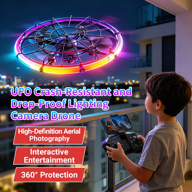 Drone Ae Rc - JJRC H145 UFO RCドローン、デュアルHDレンズ、RGBフローライト、フルボディプロテクション、空撮クアッドコプター玩具